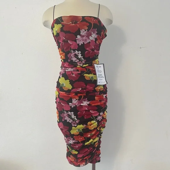 B Darlin Juniors' Bungee-Strap Ruched Bodycon Midi Dress - Black/Red/Yellow - Size L